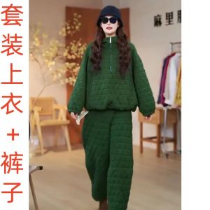 Fashionable Green Thickened Half Zip Cotton Jacket Set Womens Winter 2024 New Casual Two-Piece Set Long Pants Zipper Closure