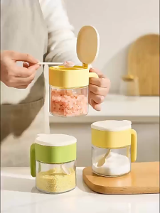 Salt Container Seasoning Bottle Glass Jar with Spoon 360ML Spice Jar Condiment Spice Oil/Honey/Salt Storage Botol Perasa 调味料罐子