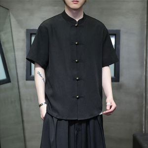 Summer Ice Silk Short Sleeve Shirt Mens Chinese Button Knots Loose Casual Tang Suit Shirt Cardigan Plus Size Chinese Style Top