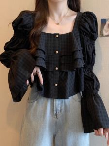 Plus Size French Style Ruffles Stylish Chiffon Long Sleeves Shirt Womens Fall and Winter Chubby Girl Slim Fit Slimming Puff Sleeve Top