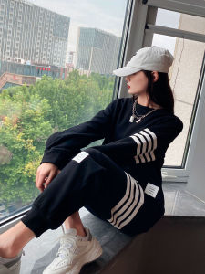 Couples Sportswear Set Womens Spring Autumn round Neck Fleece Lazy Style Four Stripe Suit Cotton Long Sleeve Long Pants
