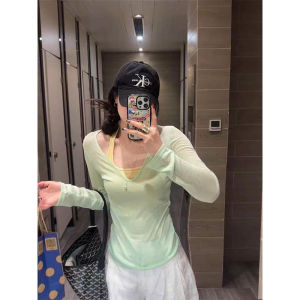 Summer Womens UV Protection Shirt Cover up T-Shirt Two Piece Set Inner Wear V-Neck Long Sleeve Hanging Neck Strap Vest