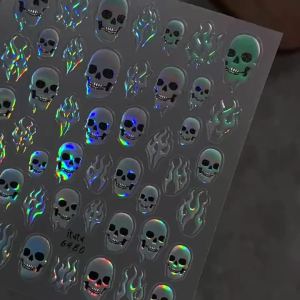 1Pcs Holographic Flame Skull Nail Stickers Laser Silver Red Purple Skeleton Nails Decals Halloween Party Manicure Decorations N