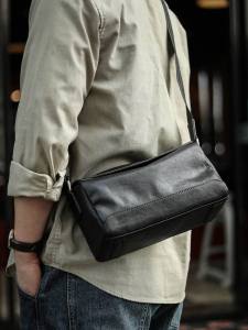 ZOYETT Original Leather Mens Crossbody Bag Casual Style Single Shoulder Sling with Zipper Closure Top Layer Cowhide Linning for Youth