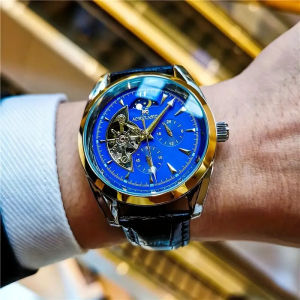 Luxurious Mens Automatic Mechanical Watch Cool Hemispherical Design with Cool Appearance Best-Selling Mens Watch Moon Phase Pointer Hollow Design Gift for Him No Battery Required