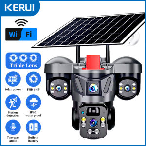 KERUI | KERUI Outdoor 6MP Triple Lens Solar PTZ Camera 4G SIM WiFi V380pro Home Security CCTV Surveillance Camera Built-in Rechargeable