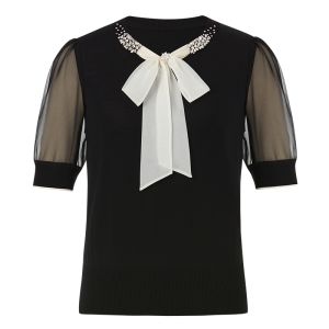 Koradior | เสื้อสเวตเตอร์ถักคอปมผีเสื้อหรูหรา แขนสั้น ปกติ คอตั้ง สีสันสดใส สำหรับผู้หญิง วัย 30-34 ปี ฤดูใบไม้ร่วง 2025 Koradior