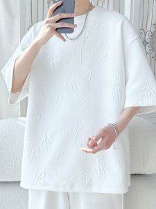 Loose Fit Mens Short Sleeve T-Shirt Bamboo Textured Summer Base Layer Large Size Casual Cotton round Neck Print Tee