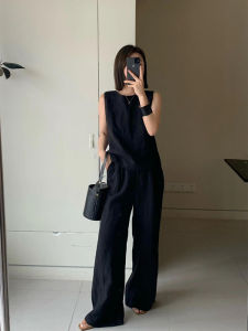 LIANGYILAILIN | Black Sleeveless Vest and Wide-leg Pants Two Piece Set