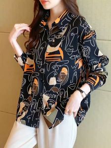 TianShun Creative Elements Printed Womens Shirts Long Sleeve White and Black Shirts Top Casual OL Workwear import