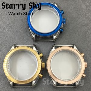 Starry Sky New 40mm Blue/Gold/Rose Gold Bezel Silver Chronograph Soild Watch Case Fit For VK63 Quartz Movement Watch Accessories