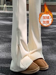 High Waist Fleece Lined Wide Leg Pants Womens Autumn Winter Straight Cut Zipper Micro Flared Casual Sporty Sweatpants