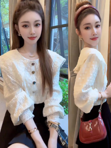 French Lace Splice Doll Collar Womens Shirt Spring 2025 New Design Sweet Youthful Small Top Korean Style Loose Fit Long Sleeve