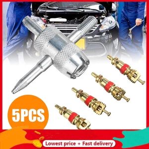 1set 4 Way Car Bike Tyre Tire Valve Repair Remover Tool+4 Valve Stem Cores Kits