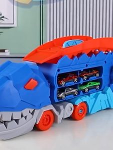 Transformed Dinosaur Truck Toy with 4PCS Diecast Racing Cars Dino Container Storage Unique Track Car Boy Birthday Gift