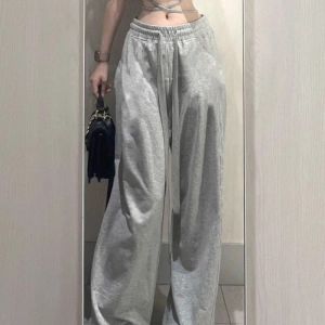 ไฮ เอว เชือกรูด กางเกงลำลอง ผู้หญิง สีเทา อเมริกันเรโทร หลวม ทรงหลวมขากว้าง กางเกง ฤดูใบไม้ร่วง สไตล์ใหม่ ใส่สบาย ระบายอากาศได้ดี