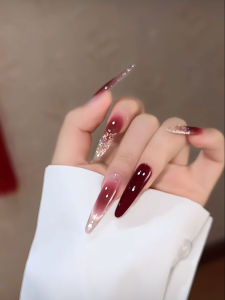 Rose Garden French Cat Eye Long Nail Tips Handmade White Ice Transparent Bridal Nails Bright Color Series Any Skin Type