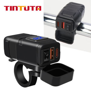 12V Motorcycle Fast Charger Dual USB Type-C Port QC3.0 Waterproof with Voltmeter Switch Handlebar Mount Power Supply Adapter