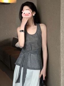 BINKAFENNY | Pure Desire Grey Shiny Sequin Strap Vest Women Summer Irregular Slim Fit Backless Tie Sleeveless Small Top Commute Style
