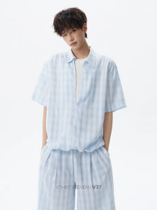 V37 | Mens American Checkered Short Sleeve Shirt Set Loose Two-Piece