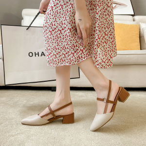 รองเท้าแตะส้นสูงหัวแหลมสไตล์แฟชั่นฤดูร้อนสำหรับผู้หญิง รองเท้าแตะส้นหนาแบบสวมหัวแบบอ่อนๆ รองเท้าส้นเดี่ยวสำหรับใส่กับกระโปรง