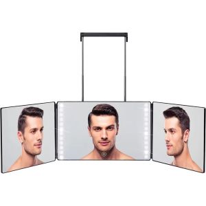 กระจก LED Trifold กระจกตัดผมด้วยตนเองพร้อมแสงปรับความสูงได้ 3 ทิศทางกระจกตัดผมด้วยตนเองกระจก HD กระจก 3 ทางไฟ LED