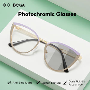 OQ BOGA แว่นกันแดดโฟโตโครมิคป้องกันรังสียูวีส 10สไตล์ กรอบแว่นตา คอมพิวเตอร์ตาแมวโลหะ ป้องกันแสงสีฟ้าฉายรังสี
