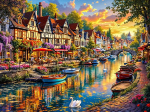 Scenic Street Houses and Boat Landscape Jigsaw Puzzle 500/1000/1200/2000PCS Stress Relief Puzzle Wall Art Decor Gift