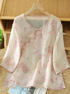 เสื้อเชิ้ตคอตตอนลินินพิมพ์ลายสไตล์จีนย้อนยุคสำหรับฤดูร้อน เสื้อเชิ้ตแขนยาว 7 นิ้ว ทรงหลวม ปกสามส่วน ปกกลม สำหรับผู้หญิง