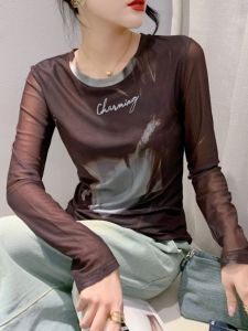 Thời Trang Sành Điệu In Hình Lưới Áo Thun Nữ Tay Dài Mùa Xuân 2024 Thời Trang/ Phong Cách Lớp Đế Thon Gọn Áo Cảm Giác Cao Cấp Áo Thun Cổ Tròn