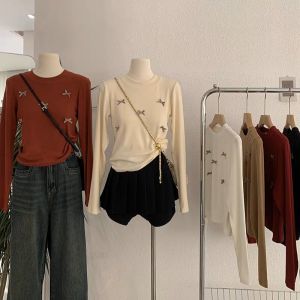 Long Sleeve T-Shirt Womens Butterfly Knot Base Shirt Commute Korean Style Slim Fit round Neck Pure Color Autumn Fashion Design