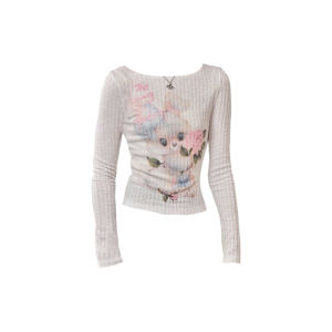 White Slim Fit Long Sleeve T-Shirt Womens Style Creative Print Sweet And Spicy American Retro Trendy Top for Autumn