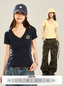 Slim Fit Short Sleeve V-Neck Embroidered Trim Band Top Spring Summer Youth Fashion Cotton T-Shirt Breathable Comfortable Casual Shirt