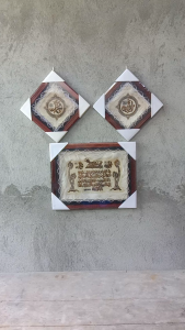 Paket 3 Pcs Hiasan Kaligrafi Kulit Kambing Alloh Muhamamad dan Ayat Kursi Kelapa