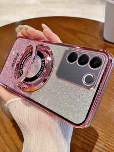 Anti-Fall Silicone Phone Case for VIVO V29 5G Gradient Bling Magnetic Stand Female Style Protective Cover V27 5G Version