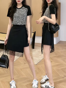 Shalldoer | Korean Fashion Womens Short Sleeve Print T-shirt High Waist Mini Skirt Two-Piece Set Summer New Design Sense Polyester Fiber