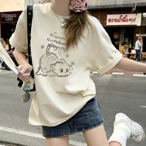 SUSHOUWANGE | White Gray Cat Print Cotton T-Shirt