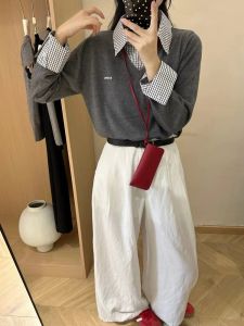 สไตล์เกาหลี ลายสก็อต เสื้อเชิ้ตแขนยาว ตัวอักษร งานปัก หลวม เสื้อสเวตเตอร์ถัก แฟชั่นผู้หญิง ฤดูใบไม้ร่วง ฤดูหนาว ประเภทท่อตรง