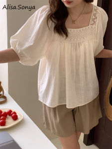 (Cle) Alisa.Sonya Womens Cotton Bubble Sleeve Shirt Retro Style Square Neck Casual Loose Lace Blouse