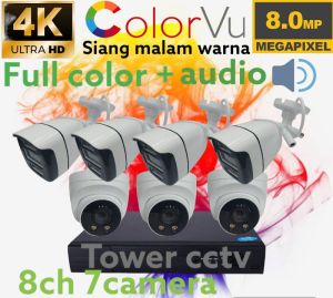 PAKET CCTV 8MP COLORVU 8 CHANNEL 8 KAMERA AUDIO ULTRA HD 4K FULL COLOR SIANG MALAM
