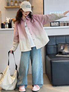 Teenage Girl Gradient Color Shirt Jacket Autumn Wear 2024 New Style Versatile Cotton Denim Stand Collar Short Outerwear