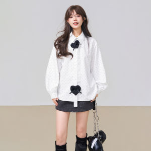 KEIKO | White Long Sleeve Sweet French Style Heart Collar Stripe Shirt