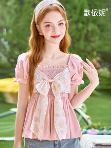 HEYINI | Áo Blouse Ôm Cổ Vuông Nơ Hồng Pháp