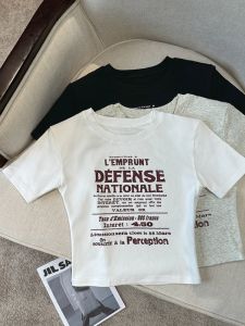 GUZILIAN | Áo thun tay ngắn mùa hè in họa tiết Mỹ thon gọn cho nữ thiết kế thời trang ngắn thanh lịch chất liệu cotton pha trộn cổ tròn