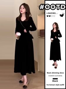 Ge·an·fei | Đầm Dài Tay Màu Đen Phong Cách Pháp Elegante Dây Nịt eo
