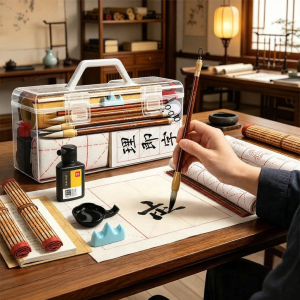 GLUECHEE | Beginner Calligraphy Set Includes Brush Paper Ink and Inkstone Soft Writing Felt Water Writing Cloth Xiao Kai Pen with Storage Box