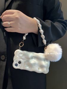 Cute Little Gold Heart Pearl White Phone Case for iPhone 15 pro Max Apple 13 Soft Shell 12 Compatible with 11 Womens 14 Elegant Faux Fur Handle Rope Anti-Fall
