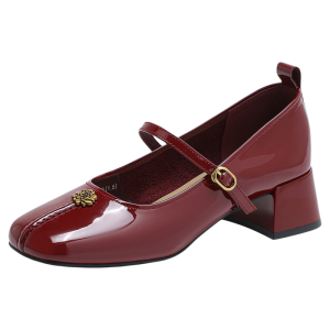 Josiny | Red French Style Square Toe Coarse Heel Mary Jane Shoes