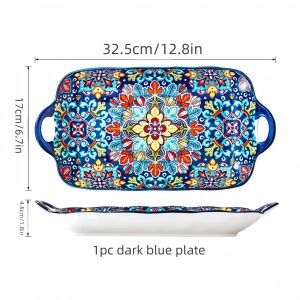 1pc Bohemian style ceramic fish dish with handle: 12.8-inch rectangular dining table tray suitable for microwave and oven