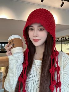 Korean Style Sweet Cute Ear Protection Knitted Hat Womens Autumn Winter Tassel Knit Cap Casual Style round Top No Brim Hat
